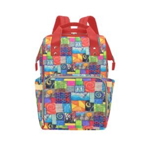 Multi-function backpack featuring a bold patchwork design with vibrant illustrations, including swirling patterns, birds, mountains, plants, and abstract shapes. Red handles and straps complement the colorful aesthetic, while multiple compartments and a zipper closure provide practicality. An original Imaginables creation blending artistic expression with everyday versatility