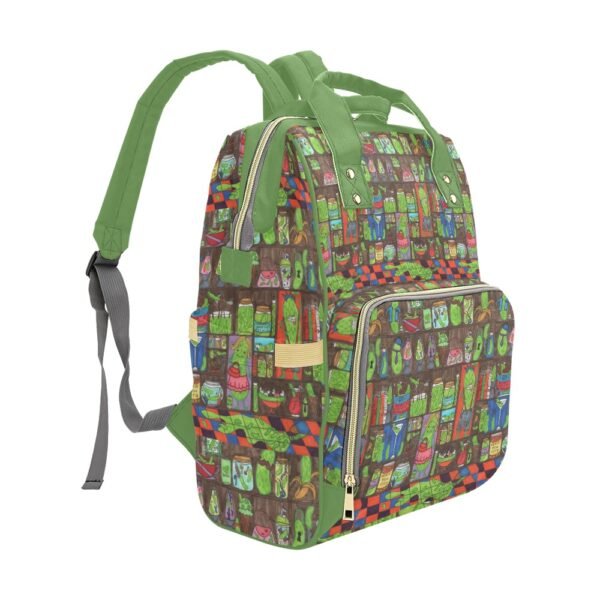 Everything is Pickles Multi-purpose Travel Backpack featuring a quirky, pickle-themed design with illustrations of pickle jars, anthropomorphic pickles, pickle characters, pickle martini, pickle fish, pickle ice cream, pickle tea, pickle lava lamps and playful elements. The backpack has vibrant green straps and handles, a spacious main compartment, a front zippered pocket, and side pockets for extra storage. A bold and whimsical fashion piece celebrating all things pickles, blending humor with functional everyday use
