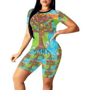 Vibrant wearable art featuring an intricate hand-painted tree with flourishing fruits and lush leaves, set against a bold sunset landscape with a flowing river and rolling hills. The tree's trunk displays Psalm 1:3: 'He is like a tree planted by streams of water, which yields its fruit in season and whose leaf does not wither. Whatever he does prospers,' symbolizing spiritual growth and resilience. This unique, original Imaginables art piece blends faith and creativity into a striking fashion statement.