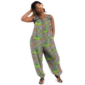 jumpsuit with pockets. Baggy jumpsuit featuring an imaginative, original take on The Very Hungry Caterpillar—a bold, hand-drawn caterpillar with exaggerated textures and vibrant hues, winding through a surreal landscape of oversized fruits and abstract greenery. The playful, dreamlike design transforms the classic story into a fresh artistic vision, blending nostalgia with a unique, expressive style. A striking fashion piece showcasing original Imaginables art.