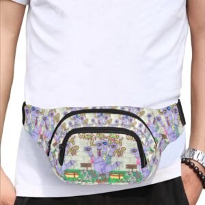 Colorful fanny pack featuring a quirky, playful design with multiple purple alien-like creatures, each with three eyes and wearing ties, standing in front of a brick wall. Graffiti-style text reads 'What are you lookin' at?' above them, adding a bold, street-art vibe. The pack includes two zippered compartments and an adjustable strap, blending artistic expression with everyday functionality. An original Imaginables creation that stands out with its unique character-driven artwork