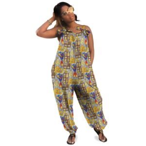 jumpsuits with pockets. Baggy jumpsuit featuring original Imaginables lemon gremlin art—a playful design with quirky gremlin characters surrounded by bright yellow lemons, vivid Galaxy sky, and intricate window frames. The loose-fit silhouette adds to the whimsical, eye-catching aesthetic, making this a bold fashion statement that blends fantasy and fun