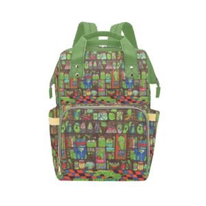 Everything is Pickles Multi-purpose Travel Backpack featuring a quirky, pickle-themed design with illustrations of pickle jars, anthropomorphic pickles, pickle characters, pickle martini, pickle fish, pickle ice cream, pickle tea, pickle lava lamps and playful elements. The backpack has vibrant green straps and handles, a spacious main compartment, a front zippered pocket, and side pockets for extra storage. A bold and whimsical fashion piece celebrating all things pickles, blending humor with functional everyday use
