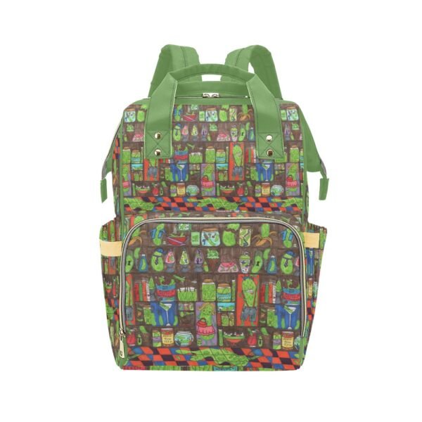 Everything is Pickles Multi-purpose Travel Backpack featuring a quirky, pickle-themed design with illustrations of pickle jars, anthropomorphic pickles, pickle characters, pickle martini, pickle fish, pickle ice cream, pickle tea, pickle lava lamps and playful elements. The backpack has vibrant green straps and handles, a spacious main compartment, a front zippered pocket, and side pockets for extra storage. A bold and whimsical fashion piece celebrating all things pickles, blending humor with functional everyday use