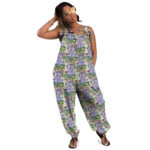 jumpsuit with pockets. Baggy jumpsuit featuring original Gizmo-inspired artwork—a playful design with multiple illustrations of Gizmo in various expressive poses, alongside whimsical elements like bold text reading 'What you lookin' at?' The loose-fitting silhouette with shoulder-tied straps adds a relaxed, stylish touch, making this a standout fashion piece for fans of nostalgic, quirky art & hot dog dog