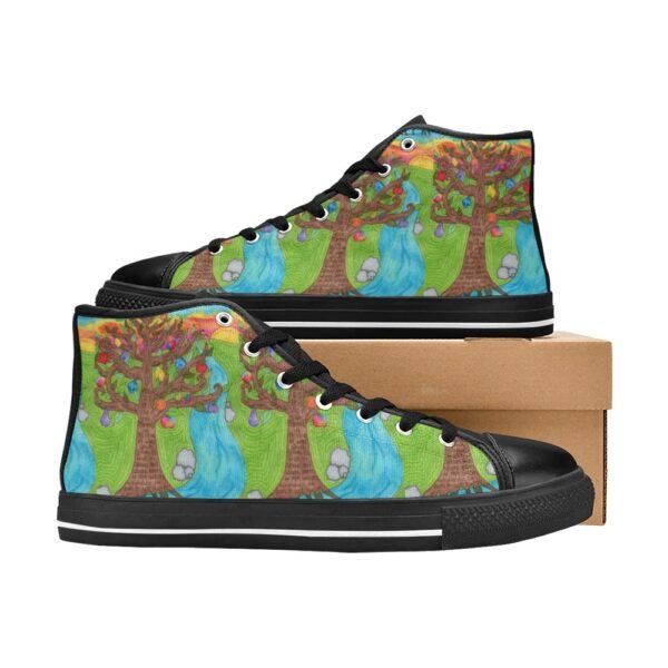 Hand-painted high-top sneakers featuring a vibrant nature scene inspired by Psalm 1:3—lush trees with bright fruits standing beside flowing blue water, symbolizing spiritual growth and resilience. The artwork visually represents the verse's message of a tree planted by streams of water, bearing fruit in season and thriving. Black soles and laces contrast with the colorful design, making these shoes a unique statement of faith and creativity.
