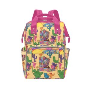 Texas sunset multi-function travel backpack featuring vibrant pink straps and handles, adorned with a colorful design of cowboy boots, cacti, and sunsets against a warm yellow background Inspired by Texas. The spacious main compartment, front zippered pocket, and adjustable shoulder straps offer both style and practicality. An original Imaginables creation blending Western charm with artistic expression