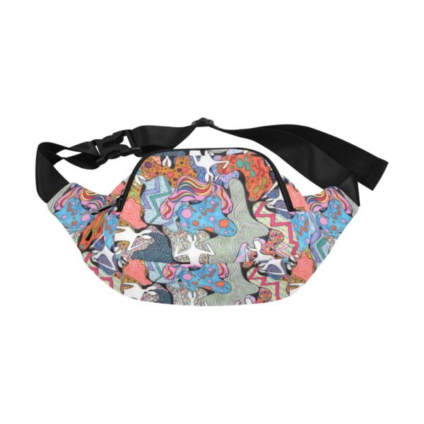 Vibrant neurodivergent art fanny pack featuring abstract shapes, wavy lines, and bold patterns in blue, pink, orange, and green. The design embraces sensory creativity and unique self-expression, making it a standout accessory. The pack includes 4 zippered pockets and an adjustable black strap for comfort and versatility.