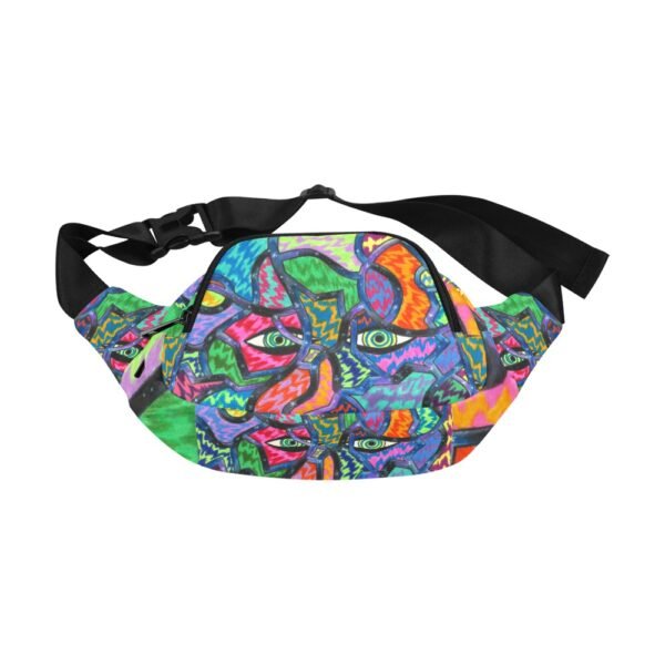 Soul Seer fanny pack featuring a bold, psychedelic design with multiple vibrant eyes surrounded by abstract patterns in green, blue, red, orange, and purple. The striking artwork evokes themes of perception and mysticism, making this a unique statement piece. The pack includes four zippered pockets and an adjustable black strap for comfort and versatility. An original Imaginables creation blending art and function