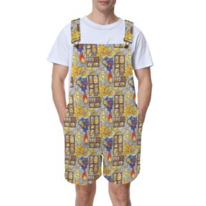 Bold lemon gremlin overalls featuring whimsical Lemon creature surrounded by bright yellow lemons, clocks, and jars labeled 'Super Juice' & lemonade shake ups. The playful design blends fantasy and fun, with adjustable brass buckle straps for a customizable fit. A unique fashion statement showcasing original Imaginables art, combining quirky illustration with wearable creativity. Unisex Short Overalls.