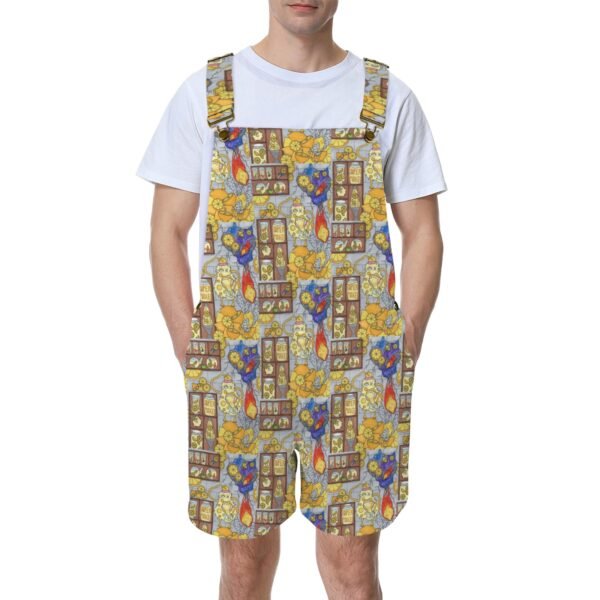 Bold lemon gremlin overalls featuring whimsical Lemon creature surrounded by bright yellow lemons, clocks, and jars labeled 'Super Juice' & lemonade shake ups. The playful design blends fantasy and fun, with adjustable brass buckle straps for a customizable fit. A unique fashion statement showcasing original Imaginables art, combining quirky illustration with wearable creativity. Unisex Short Overalls.