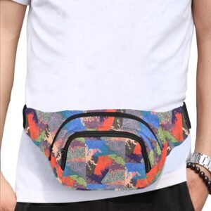 Colorful abstract-patterned fanny pack featuring vibrant brushstrokes and dynamic textures in shades of blue, green, red, and yellow. The artistic design embodies a sense of movement and creativity, making it a bold and expressive fashion piece. Includes multiple zippered compartments and an adjustable black strap for versatile wear. An original Imaginables creation blending art and function. Trippy fanny pack, Festival wears.