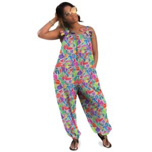 jumpsuit with pockets. Vibrant baggy jumpsuit featuring an original Easter egg stained glass design—an intricate mix of bold greens, blues, reds, purples, and yellows in geometric shapes that mimic the beauty of stained glass. The lightweight fabric and loose fit offer comfort while making a striking artistic statement. This unique fashion piece showcases exclusive Imaginables art, blending festive symbolism with wearable creativity.