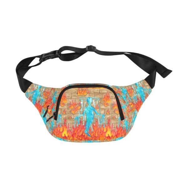 fanny pack featuring a powerful, symbolic design inspired by the quote, 'The most beautiful souls are those who have walked out of the fire then returned with water for those still in it.' The artwork showcases blue haloed figures emerging from bright flames, carrying vessels of water, set against a textured brick wall background. This original Imaginables creation blends resilience, compassion, and artistic expression into a striking wearable piece. Trippy fanny pack with four zipper pockets.