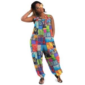 jumpsuit with pockets. Bold and colorful jumpsuit featuring original Imaginables creation coat art—an eclectic patchwork of swirling patterns, geometric shapes, nature scenes, and abstract designs. The loose-fit garment showcases vibrant artistic expression, blending fashion and creativity into a striking statement piece.