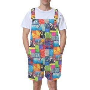 Colorful short unisex overalls featuring a patchwork design inspired by the Creation story, reflecting themes of light, land, sky, and life. Swirling patterns, plants, mountains, birds, and abstract shapes symbolize the beauty and order of creation, blending faith and artistry. The adjustable brass buckle straps add a customizable fit, making this a unique, wearable expression of divine creativity. An original Imaginables creation celebrating the wonder of beginnings. S-4XL