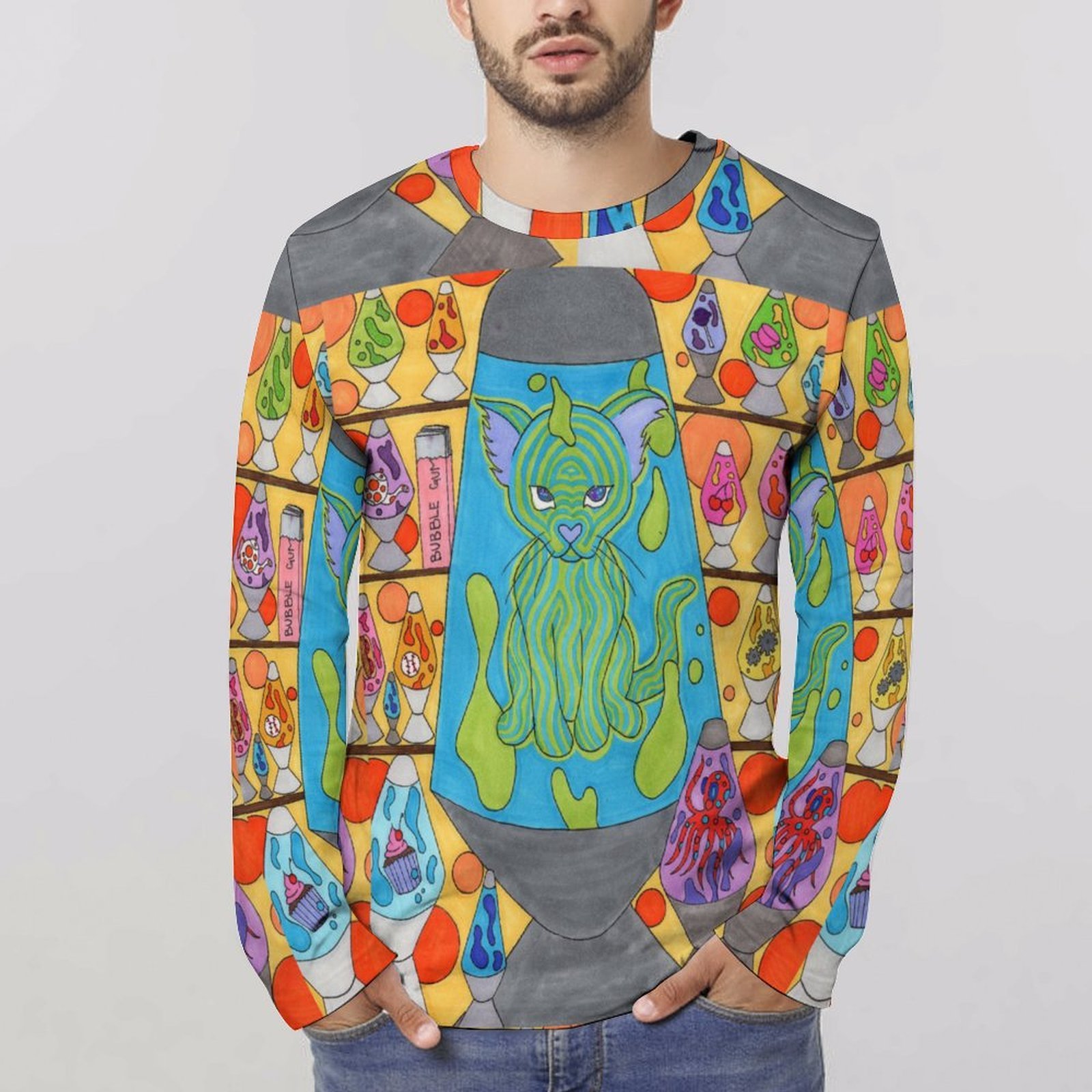 Cat Lava Lamp Long Sleeve Cotton T-shirt - Image 3