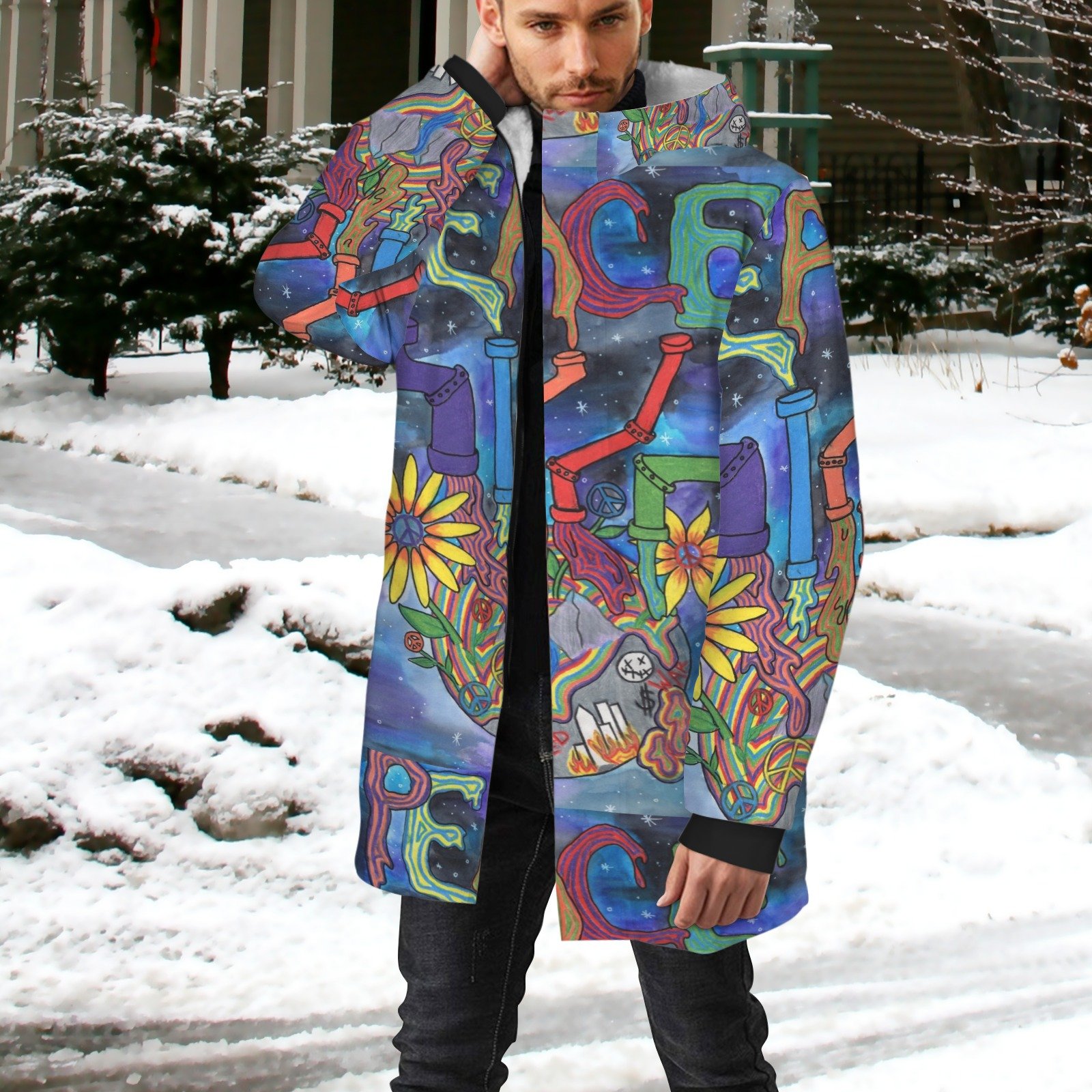 Peace Overcomes Men's Mid-length Fleece-lined Jacket(Model H69) - Image 2